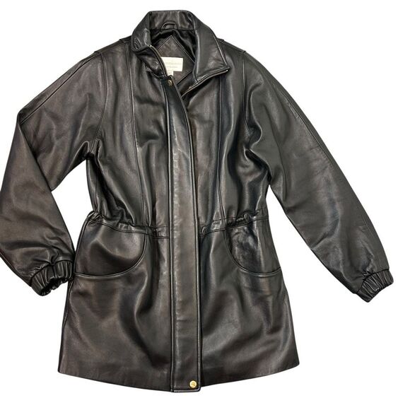 Worthington Lambskin Leather Coat Jacket Womens Small Black Genuine Zip Long VTG - Picture 1 of 16